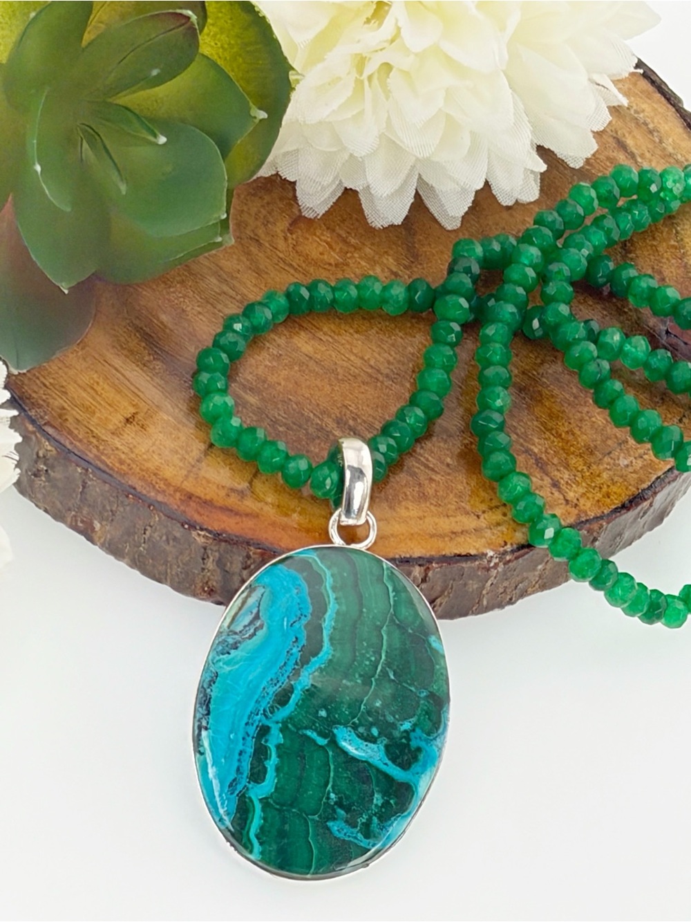 Pure Sterling Silver 925 Top Quality Malachite Chrysocolla Pendant Necklace - Picture 3 of 9